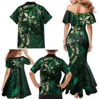 Hawaii Makahiki Season Family Matching Mermaid Dress and Hawaiian Shirt Floral Tribal Tattoo Green Galaxy