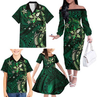 Hawaii Makahiki Season Family Matching Off The Shoulder Long Sleeve Dress and Hawaiian Shirt Floral Tribal Tattoo Green Galaxy