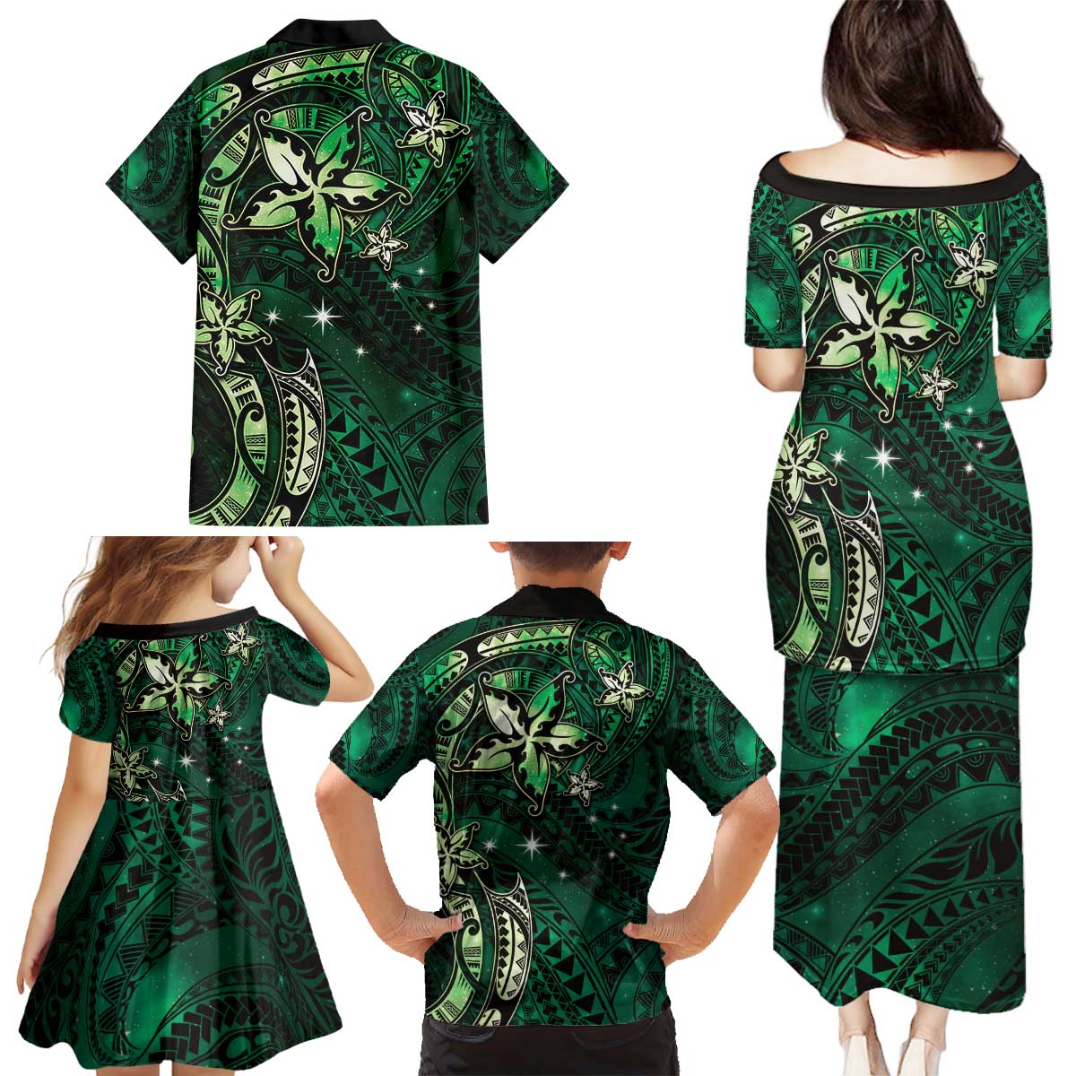Hawaii Makahiki Season Family Matching Puletasi and Hawaiian Shirt Floral Tribal Tattoo Green Galaxy LT05 - Polynesian Pride