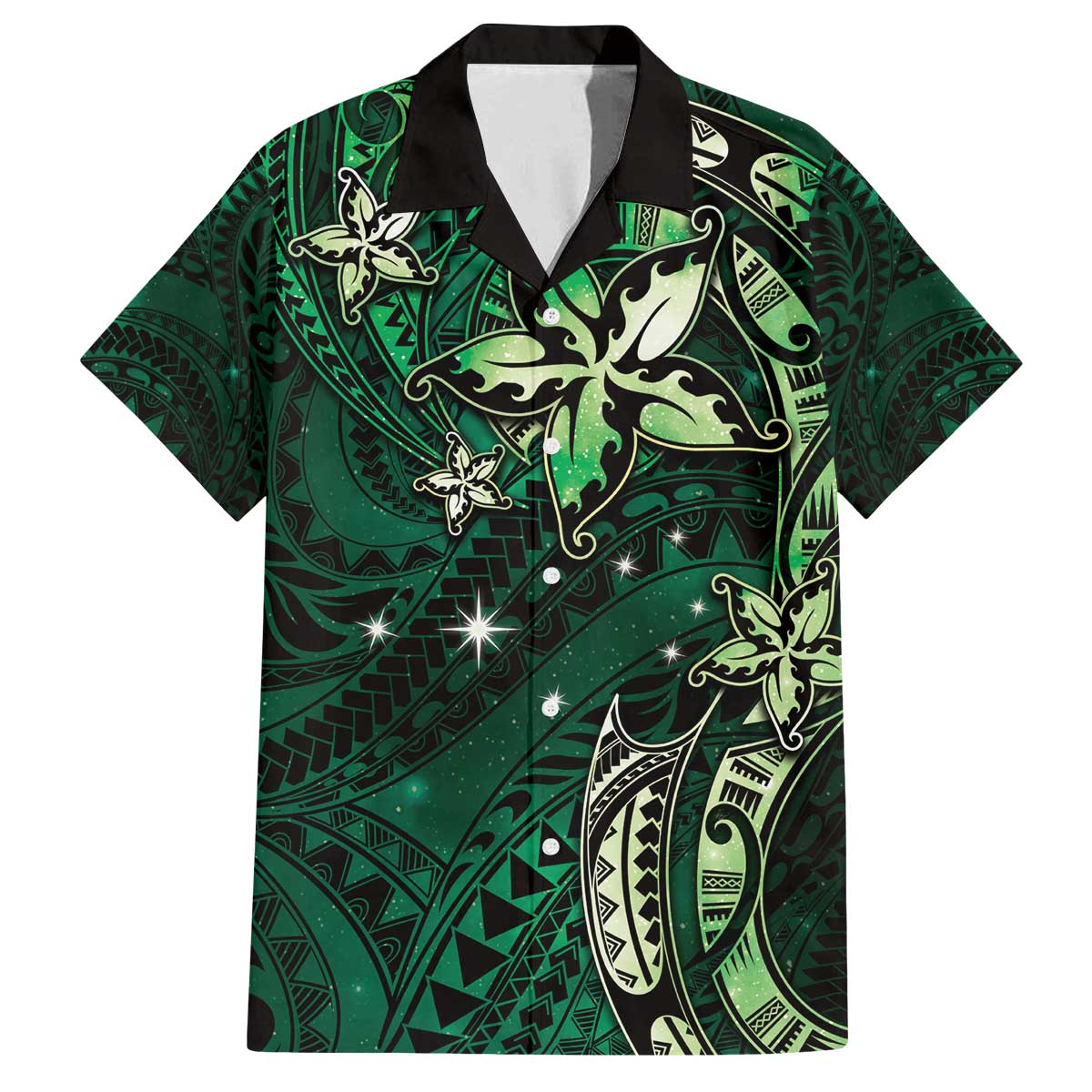 Hawaii Makahiki Season Family Matching Puletasi and Hawaiian Shirt Floral Tribal Tattoo Green Galaxy LT05 Dad's Shirt - Short Sleeve Green - Polynesian Pride