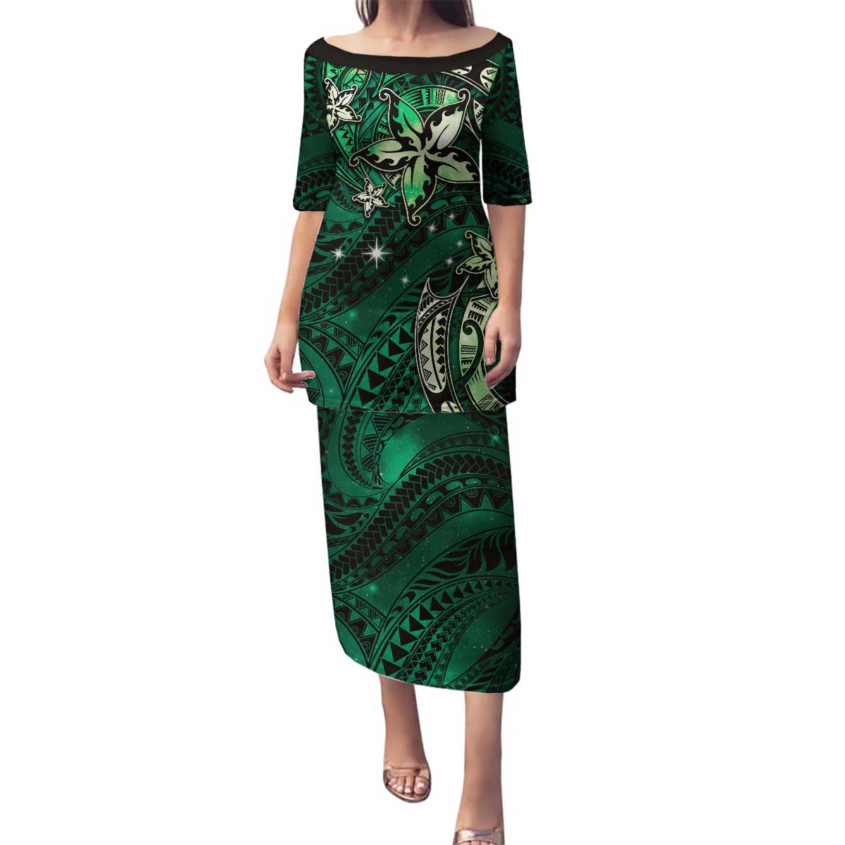 Hawaii Makahiki Season Family Matching Puletasi and Hawaiian Shirt Floral Tribal Tattoo Green Galaxy LT05 Mom's Dress Green - Polynesian Pride