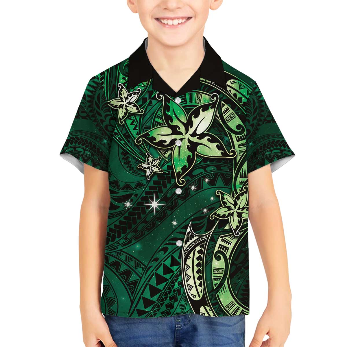 Hawaii Makahiki Season Family Matching Puletasi and Hawaiian Shirt Floral Tribal Tattoo Green Galaxy LT05 Son's Shirt Green - Polynesian Pride
