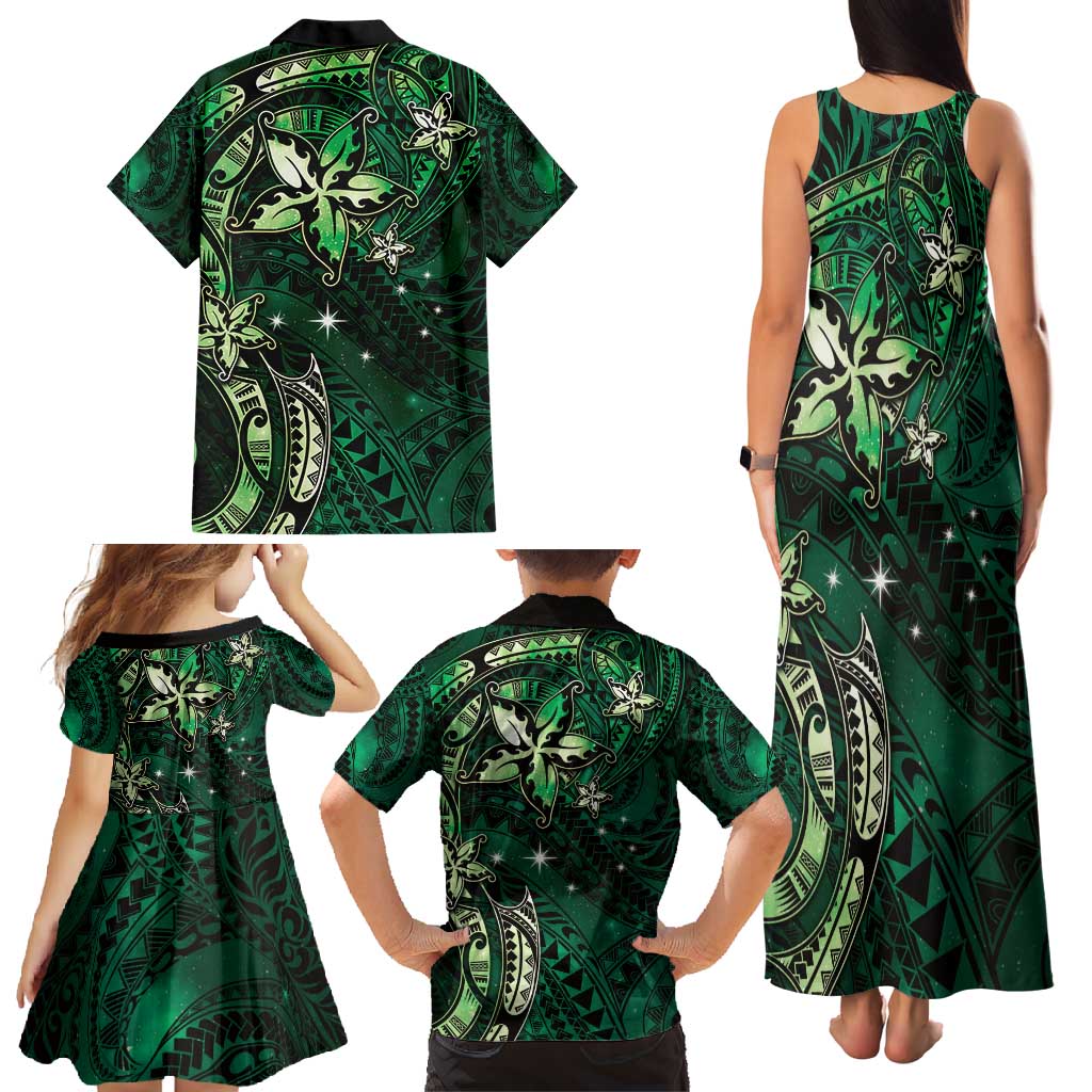 Hawaii Makahiki Season Family Matching Tank Maxi Dress and Hawaiian Shirt Floral Tribal Tattoo Green Galaxy