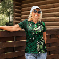 Hawaii Makahiki Season Women Polo Shirt Floral Tribal Tattoo Green Galaxy