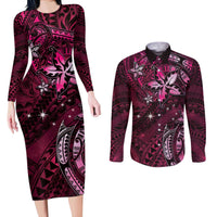 Hawaii Makahiki Season Couples Matching Long Sleeve Bodycon Dress and Long Sleeve Button Shirt Floral Tribal Tattoo Pink Galaxy