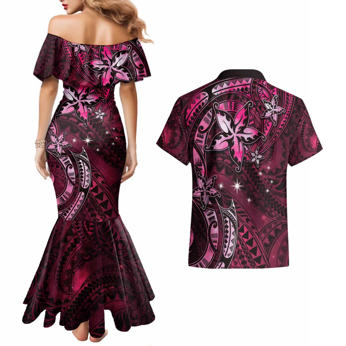 Hawaii Makahiki Season Couples Matching Mermaid Dress and Hawaiian Shirt Floral Tribal Tattoo Pink Galaxy