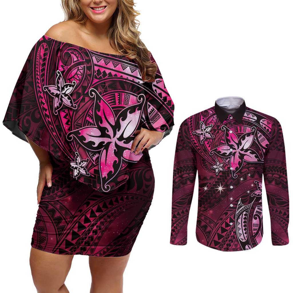 Hawaii Makahiki Season Couples Matching Off Shoulder Short Dress and Long Sleeve Button Shirt Floral Tribal Tattoo Pink Galaxy