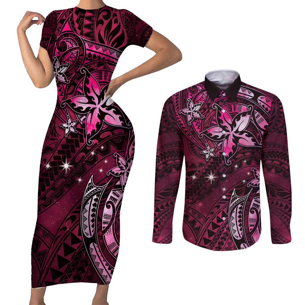 Hawaii Makahiki Season Couples Matching Short Sleeve Bodycon Dress and Long Sleeve Button Shirt Floral Tribal Tattoo Pink Galaxy