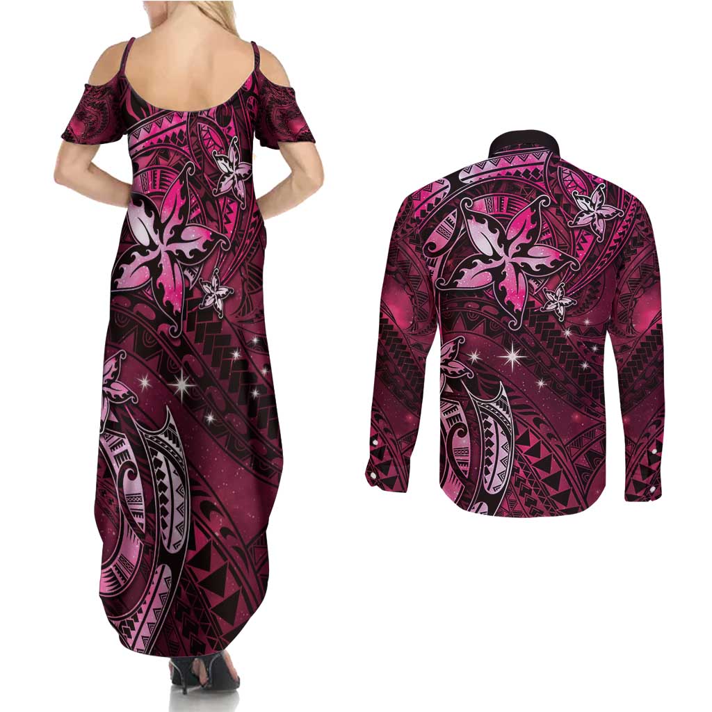 Hawaii Makahiki Season Couples Matching Summer Maxi Dress and Long Sleeve Button Shirt Floral Tribal Tattoo Pink Galaxy
