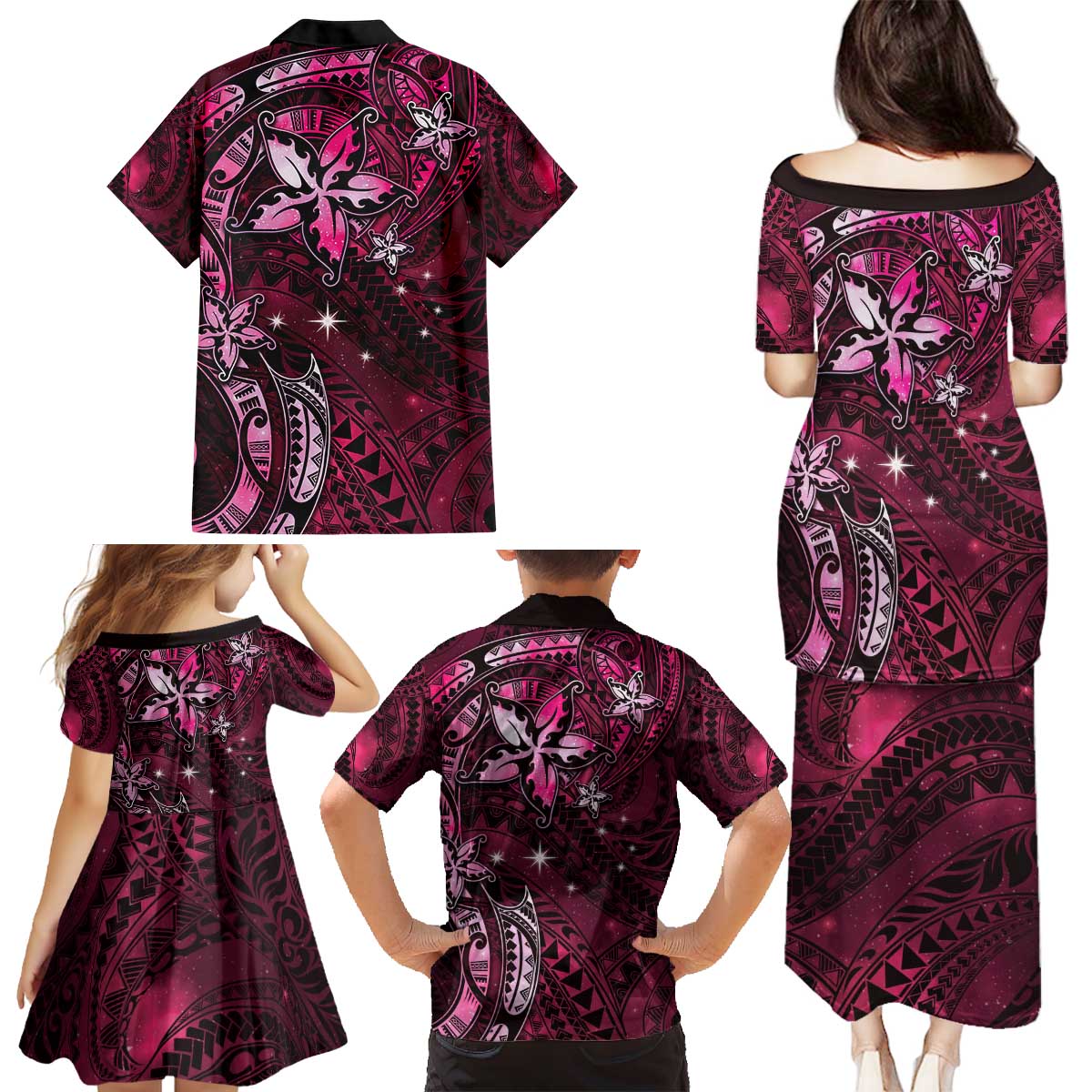 Hawaii Makahiki Season Family Matching Puletasi and Hawaiian Shirt Floral Tribal Tattoo Pink Galaxy LT05 - Polynesian Pride