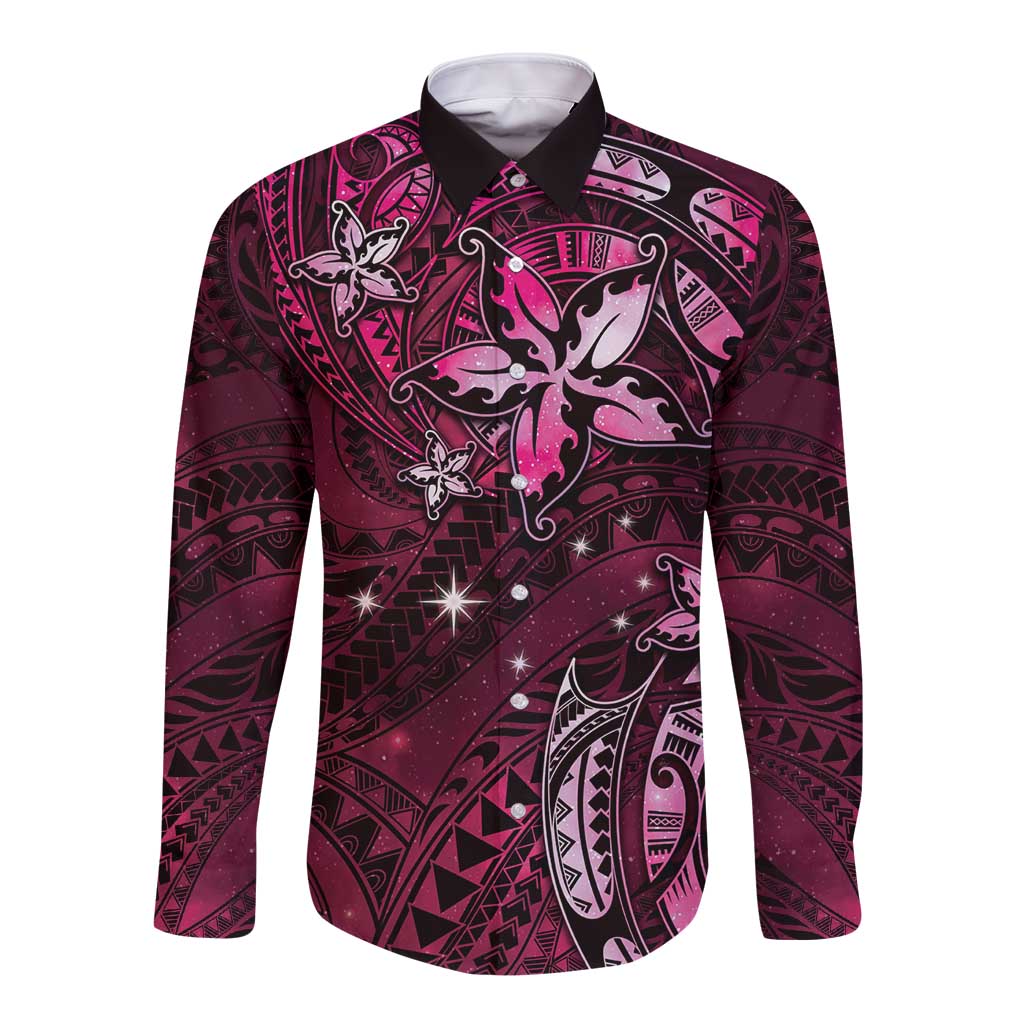 Hawaii Makahiki Season Long Sleeve Button Shirt Floral Tribal Tattoo Pink Galaxy LT05 Unisex Pink - Polynesian Pride