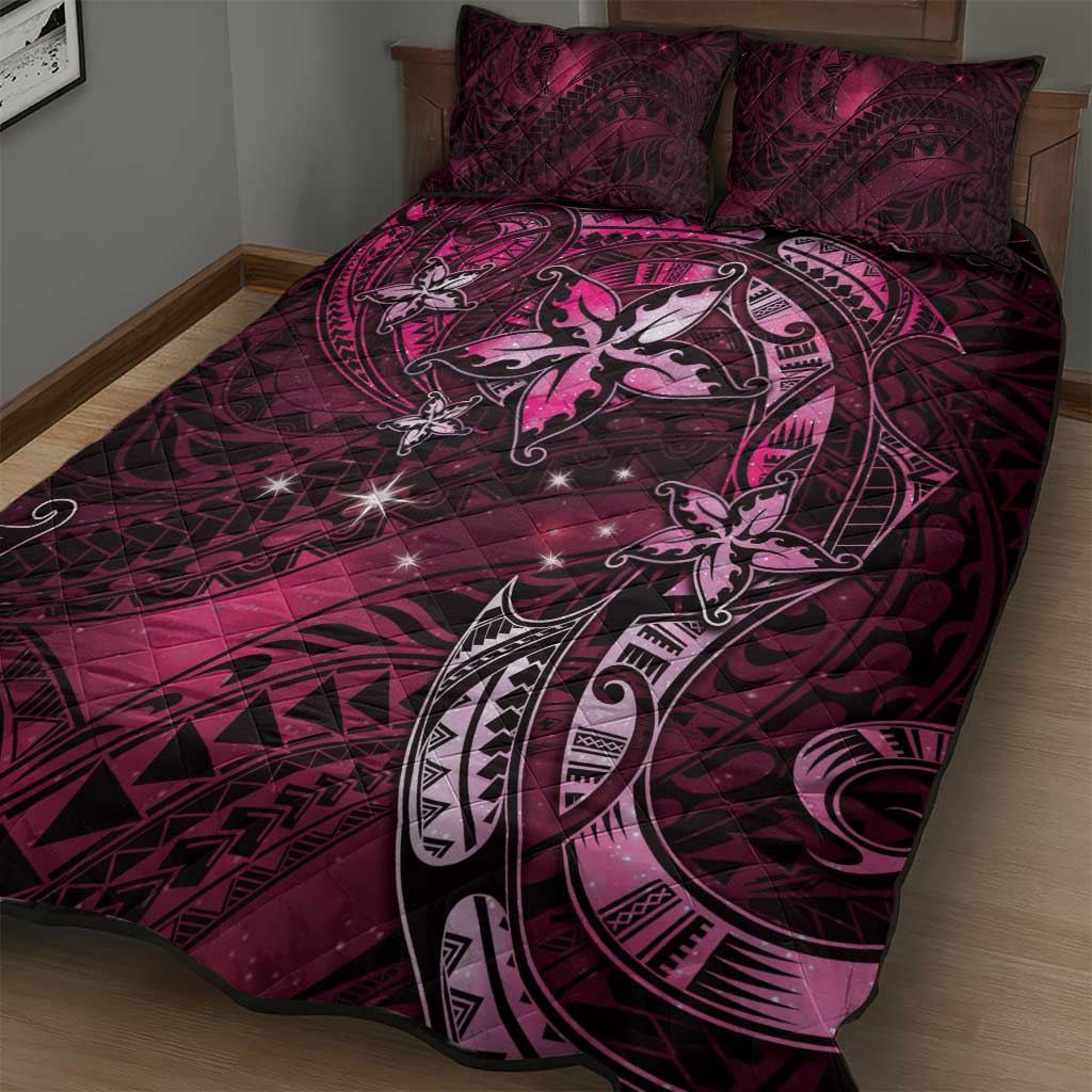 Hawaii Makahiki Season Quilt Bed Set Floral Tribal Tattoo Pink Galaxy