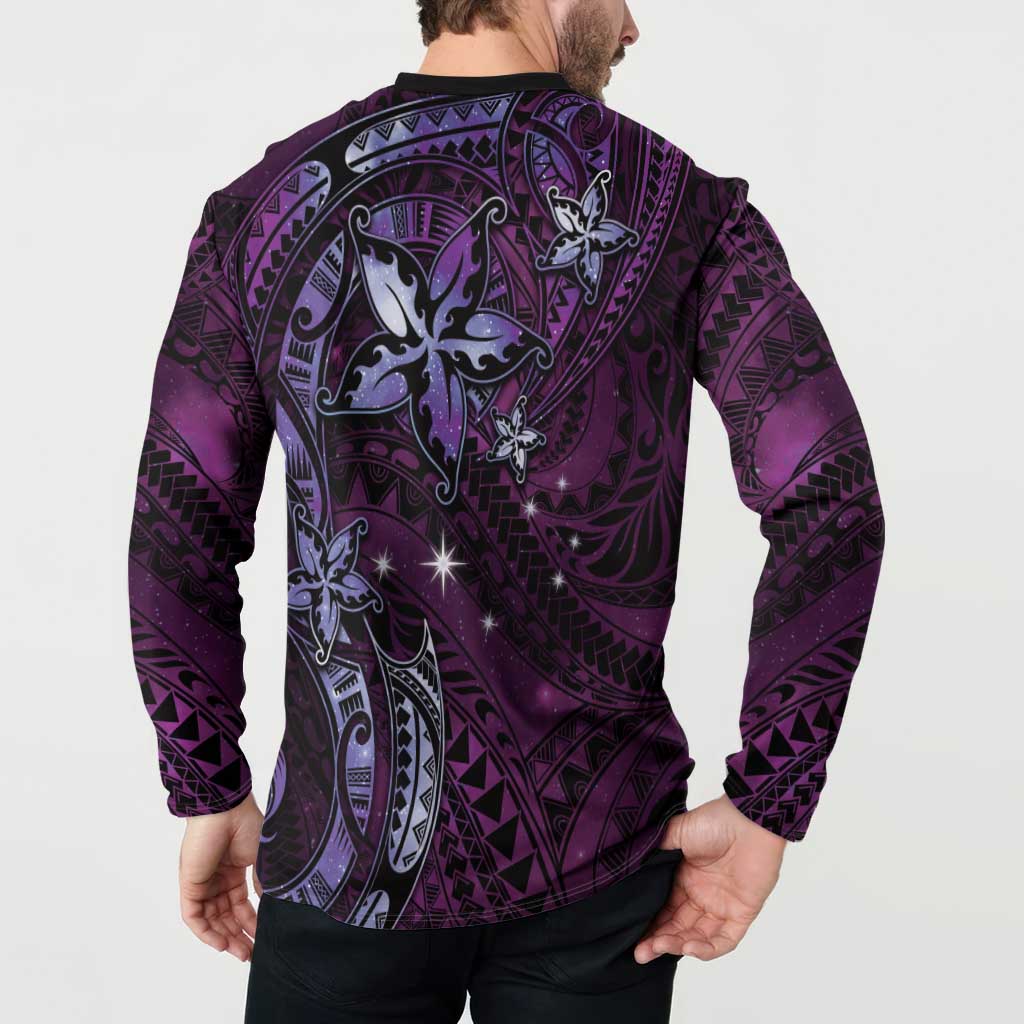 Hawaii Makahiki Season Button Sweatshirt Floral Tribal Tattoo Purple Galaxy