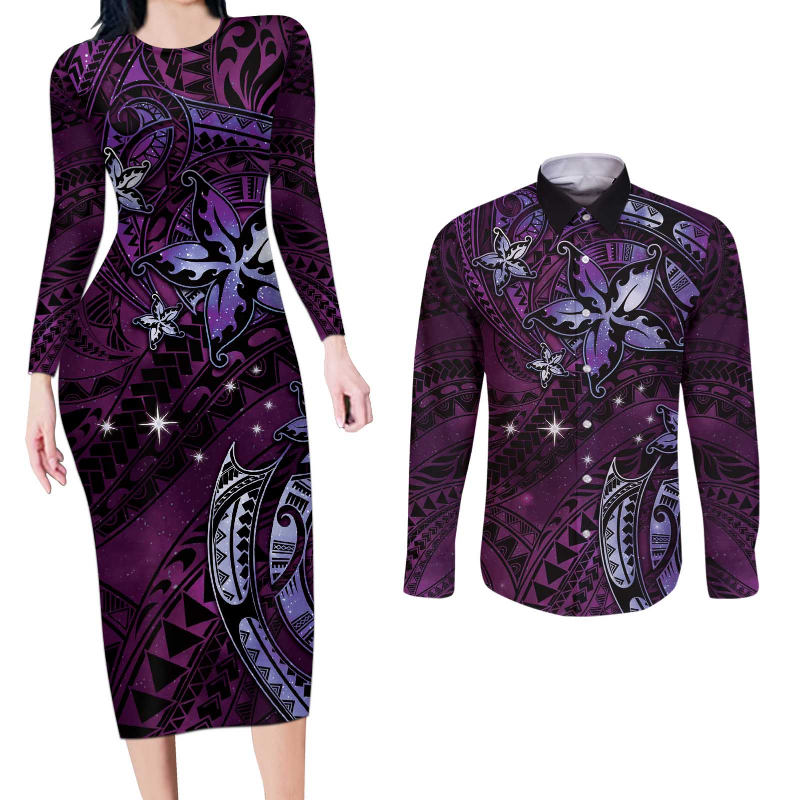 Hawaii Makahiki Season Couples Matching Long Sleeve Bodycon Dress and Long Sleeve Button Shirt Floral Tribal Tattoo Purple Galaxy