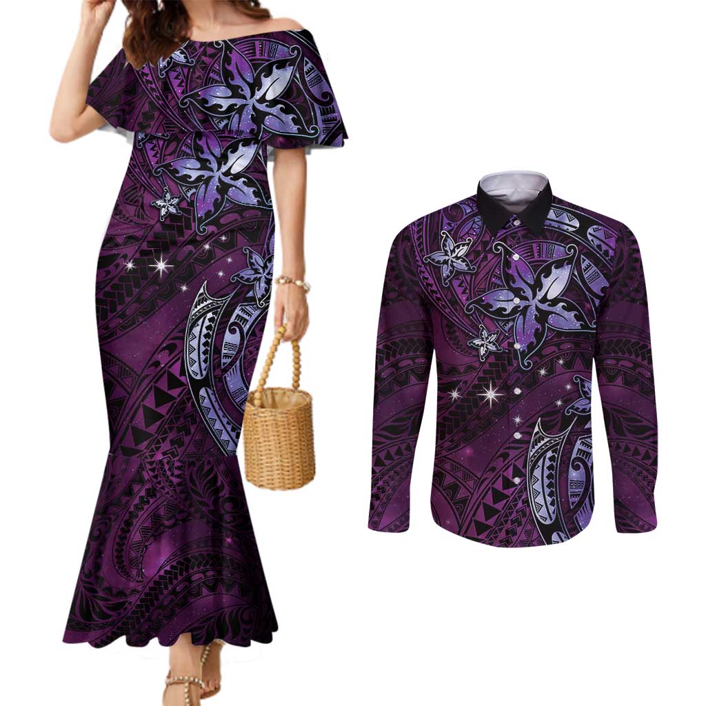 Hawaii Makahiki Season Couples Matching Mermaid Dress and Long Sleeve Button Shirt Floral Tribal Tattoo Purple Galaxy