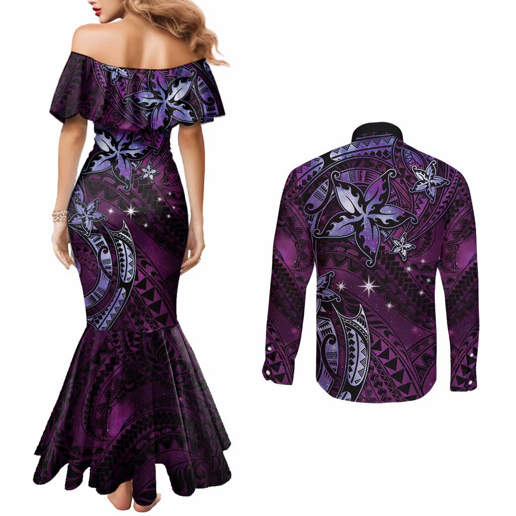 Hawaii Makahiki Season Couples Matching Mermaid Dress and Long Sleeve Button Shirt Floral Tribal Tattoo Purple Galaxy