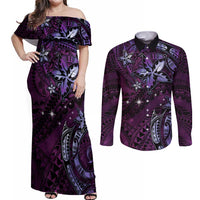 Hawaii Makahiki Season Couples Matching Off Shoulder Maxi Dress and Long Sleeve Button Shirt Floral Tribal Tattoo Purple Galaxy
