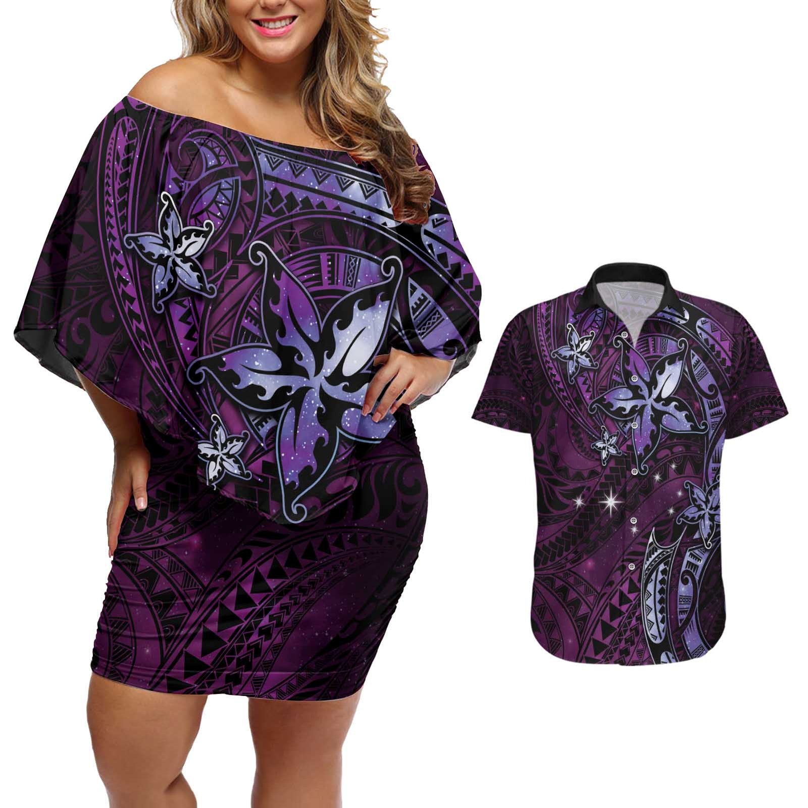Hawaii Makahiki Season Couples Matching Off Shoulder Short Dress and Hawaiian Shirt Floral Tribal Tattoo Purple Galaxy