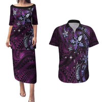 Hawaii Makahiki Season Couples Matching Puletasi and Hawaiian Shirt Floral Tribal Tattoo Purple Galaxy