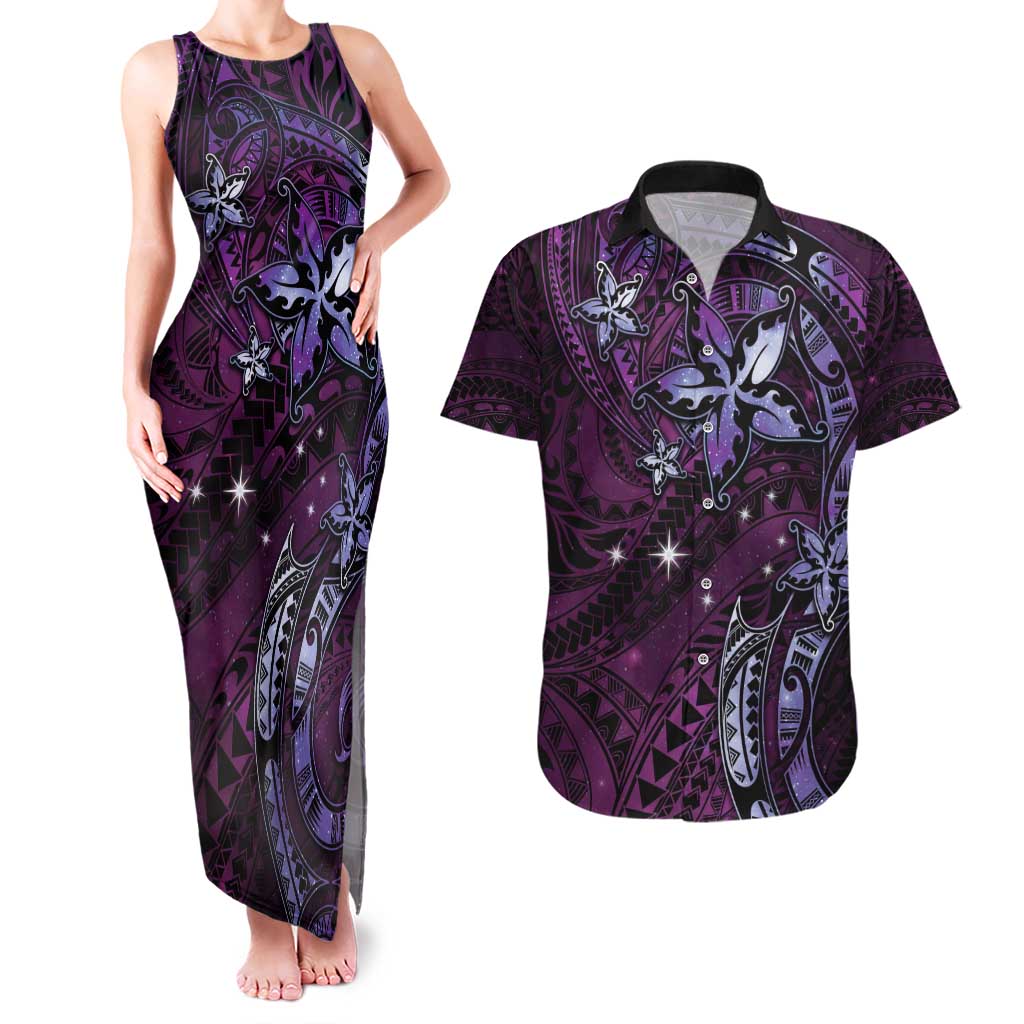 Hawaii Makahiki Season Couples Matching Tank Maxi Dress and Hawaiian Shirt Floral Tribal Tattoo Purple Galaxy