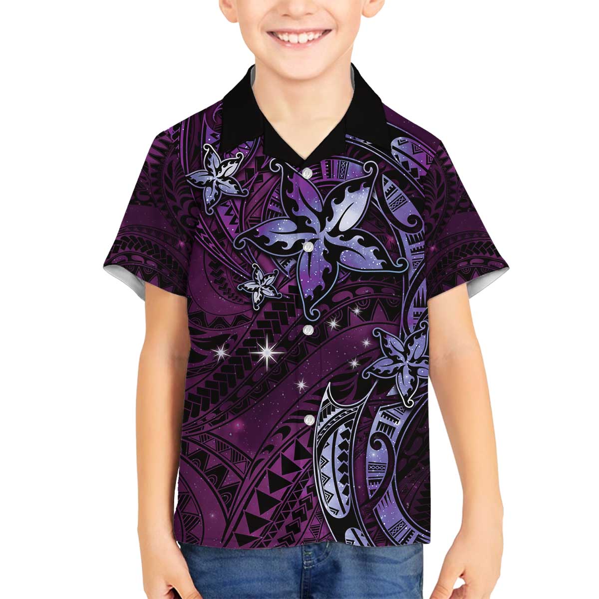 Hawaii Makahiki Season Family Matching Off Shoulder Short Dress and Hawaiian Shirt Floral Tribal Tattoo Purple Galaxy