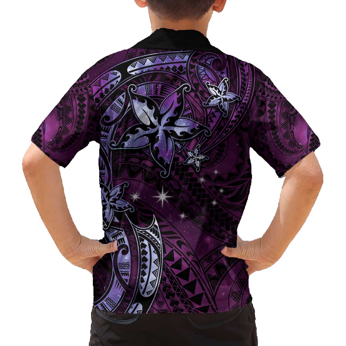 Hawaii Makahiki Season Family Matching Puletasi and Hawaiian Shirt Floral Tribal Tattoo Purple Galaxy LT05 - Polynesian Pride