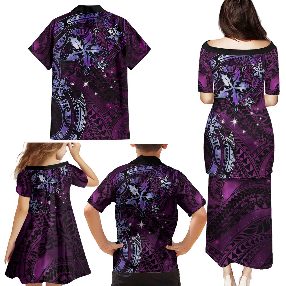 Hawaii Makahiki Season Family Matching Puletasi and Hawaiian Shirt Floral Tribal Tattoo Purple Galaxy LT05 - Polynesian Pride