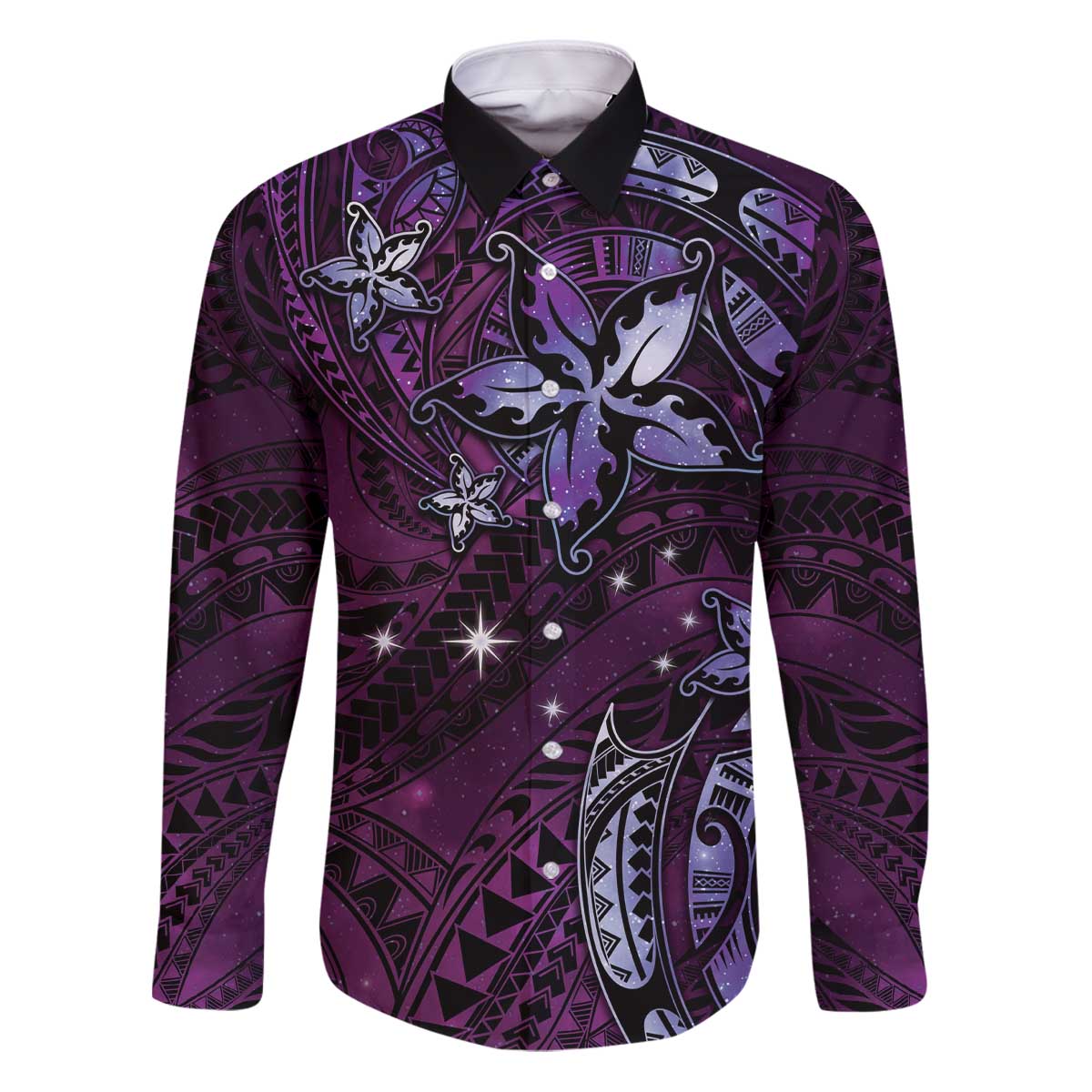 Hawaii Makahiki Season Family Matching Puletasi and Hawaiian Shirt Floral Tribal Tattoo Purple Galaxy LT05 Dad's Shirt - Long Sleeve Purple - Polynesian Pride