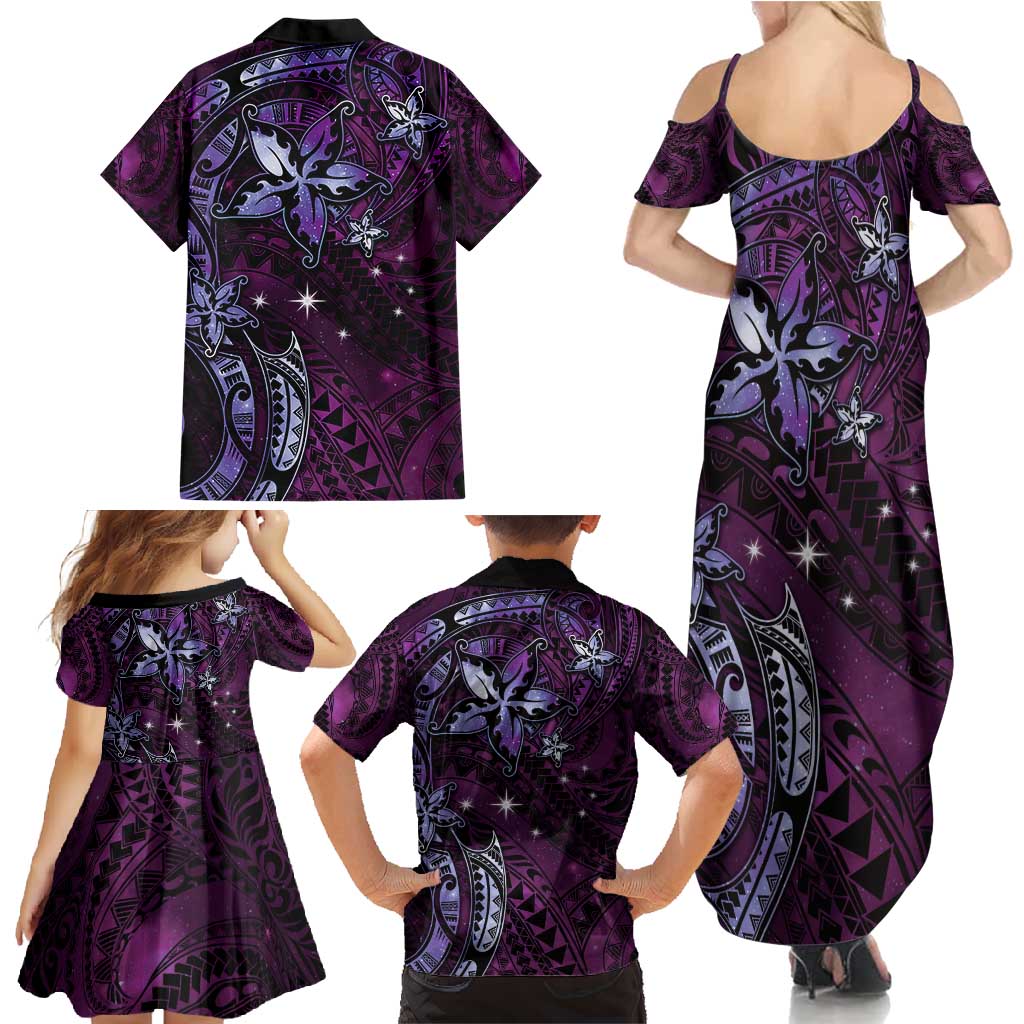 Hawaii Makahiki Season Family Matching Summer Maxi Dress and Hawaiian Shirt Floral Tribal Tattoo Purple Galaxy