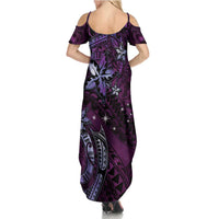 Hawaii Makahiki Season Family Matching Summer Maxi Dress and Hawaiian Shirt Floral Tribal Tattoo Purple Galaxy