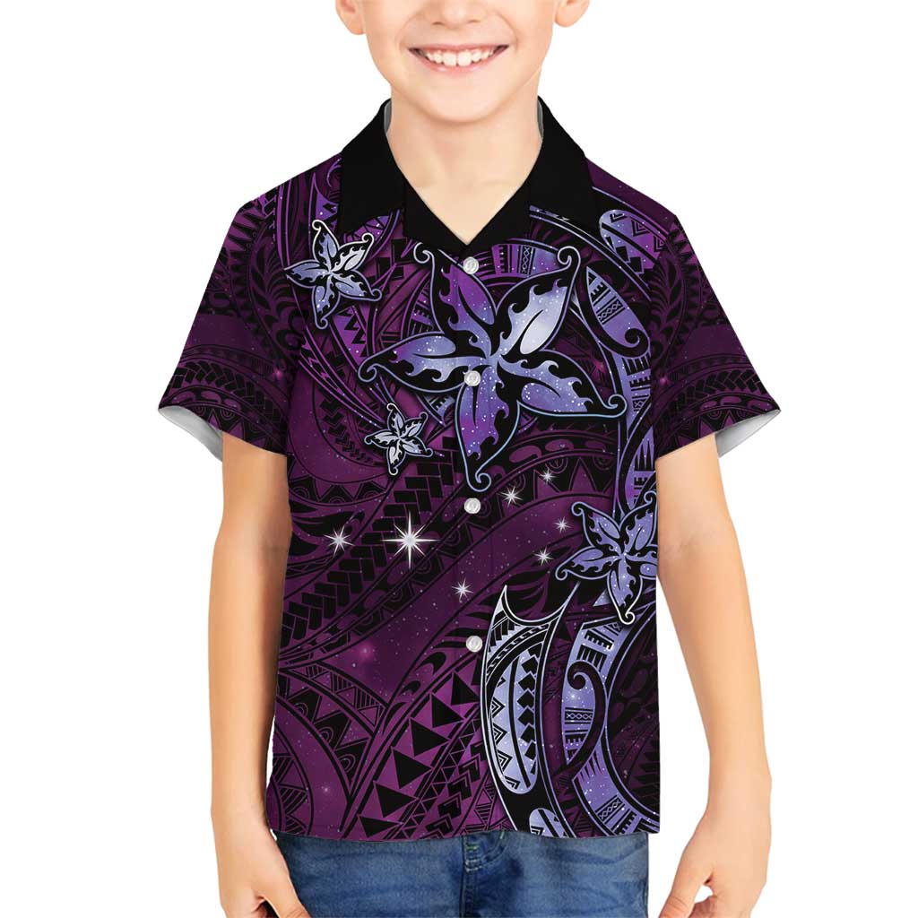 Hawaii Makahiki Season Family Matching Tank Maxi Dress and Hawaiian Shirt Floral Tribal Tattoo Purple Galaxy