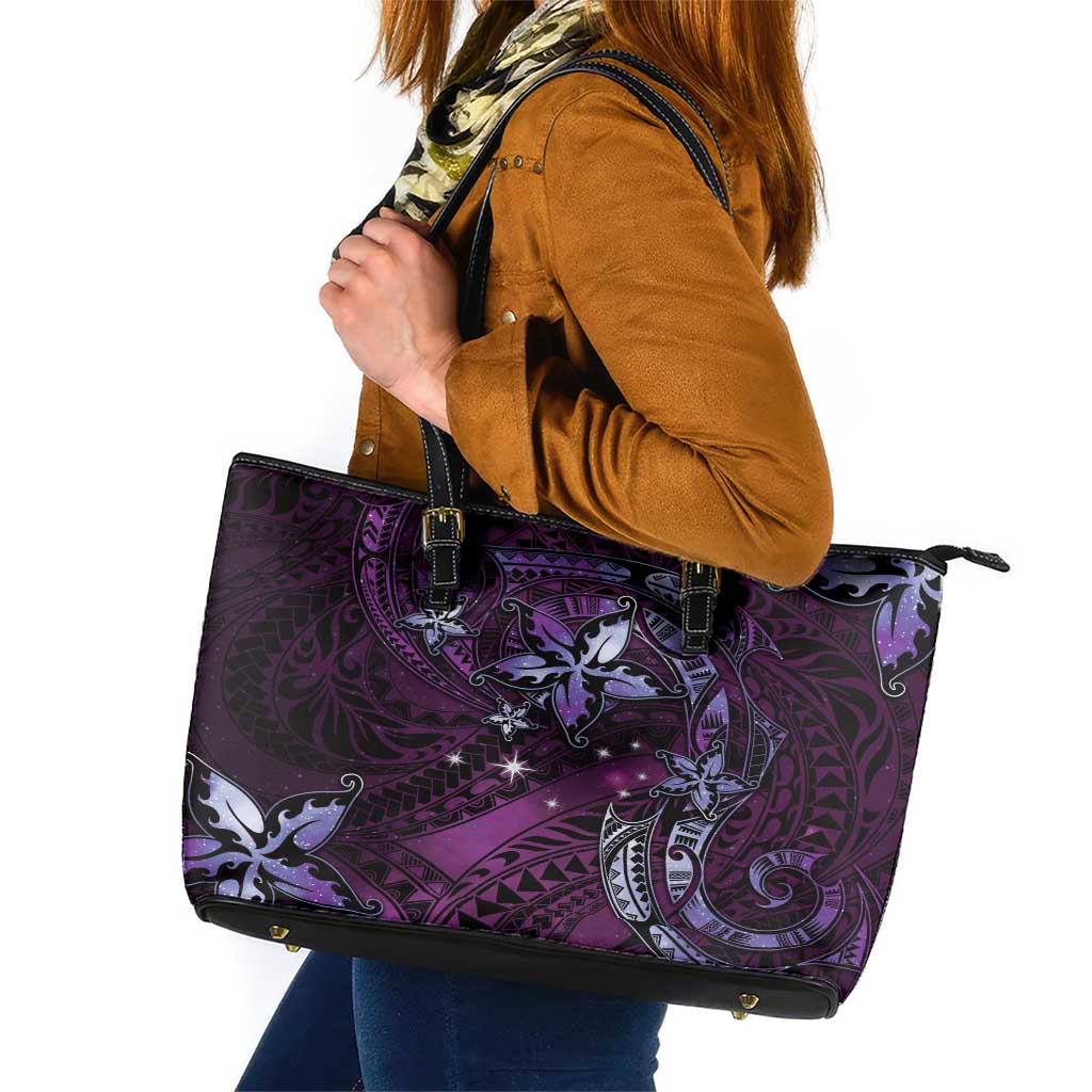 Hawaii Makahiki Season Leather Tote Bag Floral Tribal Tattoo Purple Galaxy LT05 Purple - Polynesian Pride