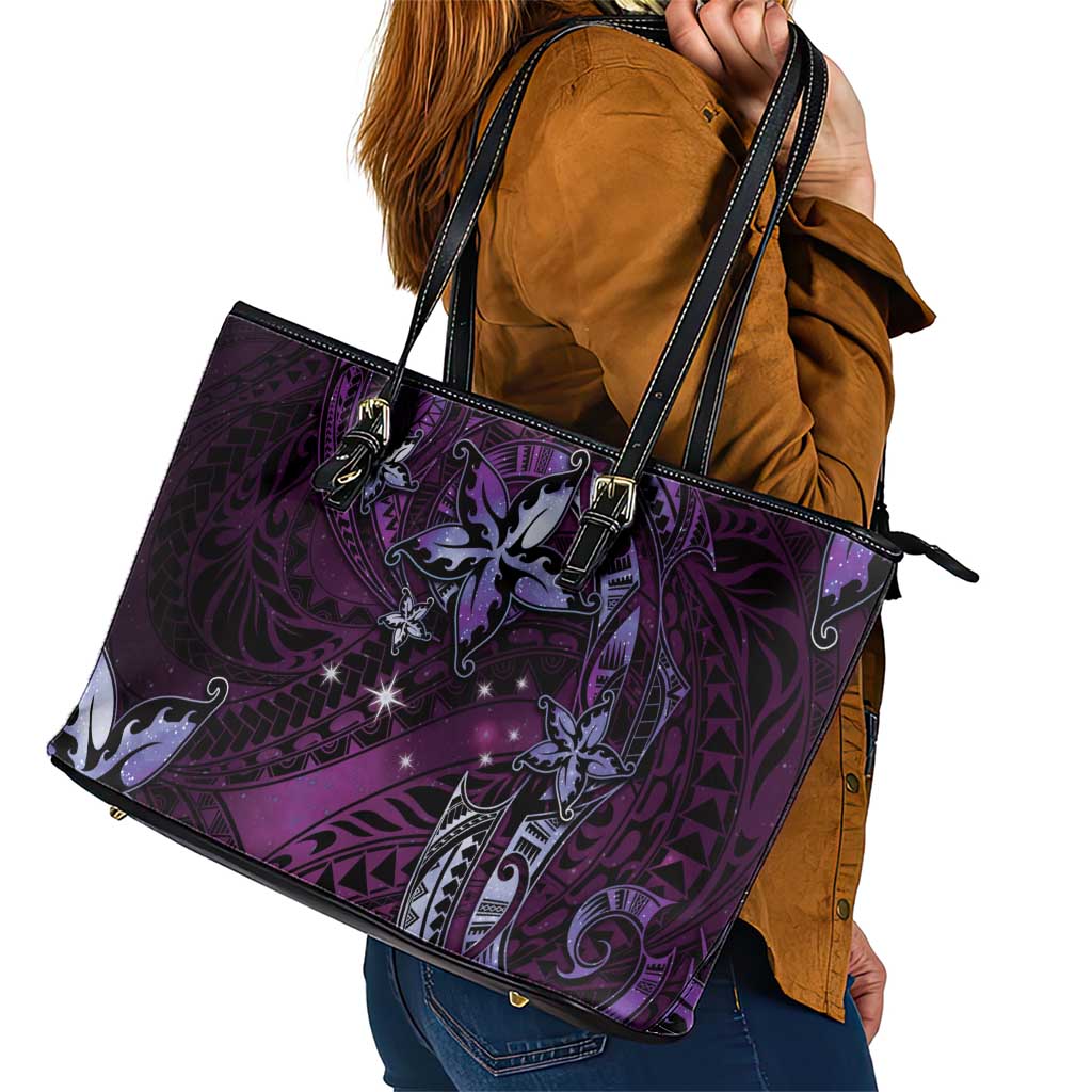 Hawaii Makahiki Season Leather Tote Bag Floral Tribal Tattoo Purple Galaxy LT05 - Polynesian Pride