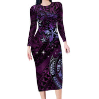 Hawaii Makahiki Season Long Sleeve Bodycon Dress Floral Tribal Tattoo Purple Galaxy