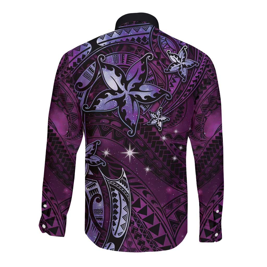 Hawaii Makahiki Season Long Sleeve Button Shirt Floral Tribal Tattoo Purple Galaxy LT05 - Polynesian Pride