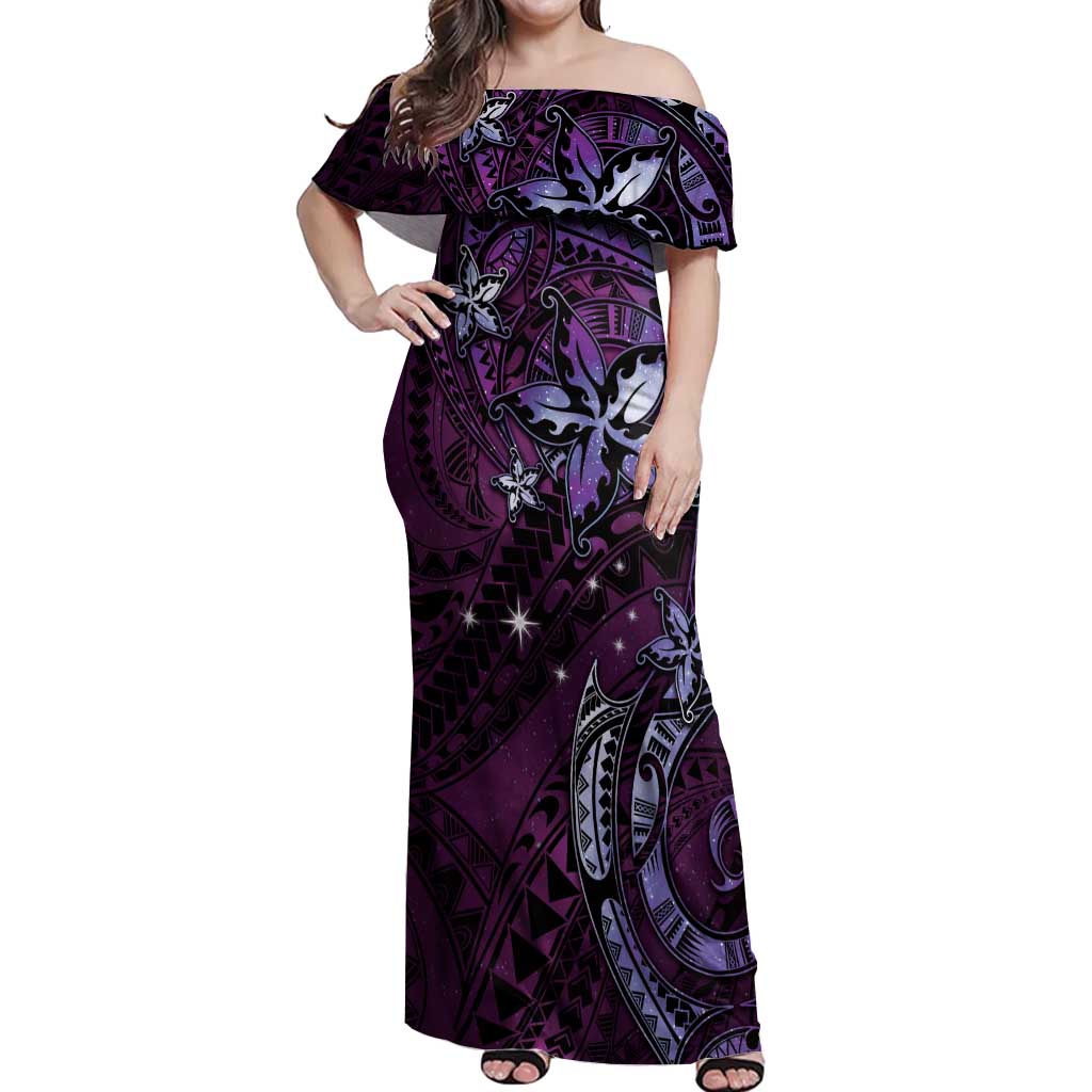 Hawaii Makahiki Season Off Shoulder Maxi Dress Floral Tribal Tattoo Purple Galaxy
