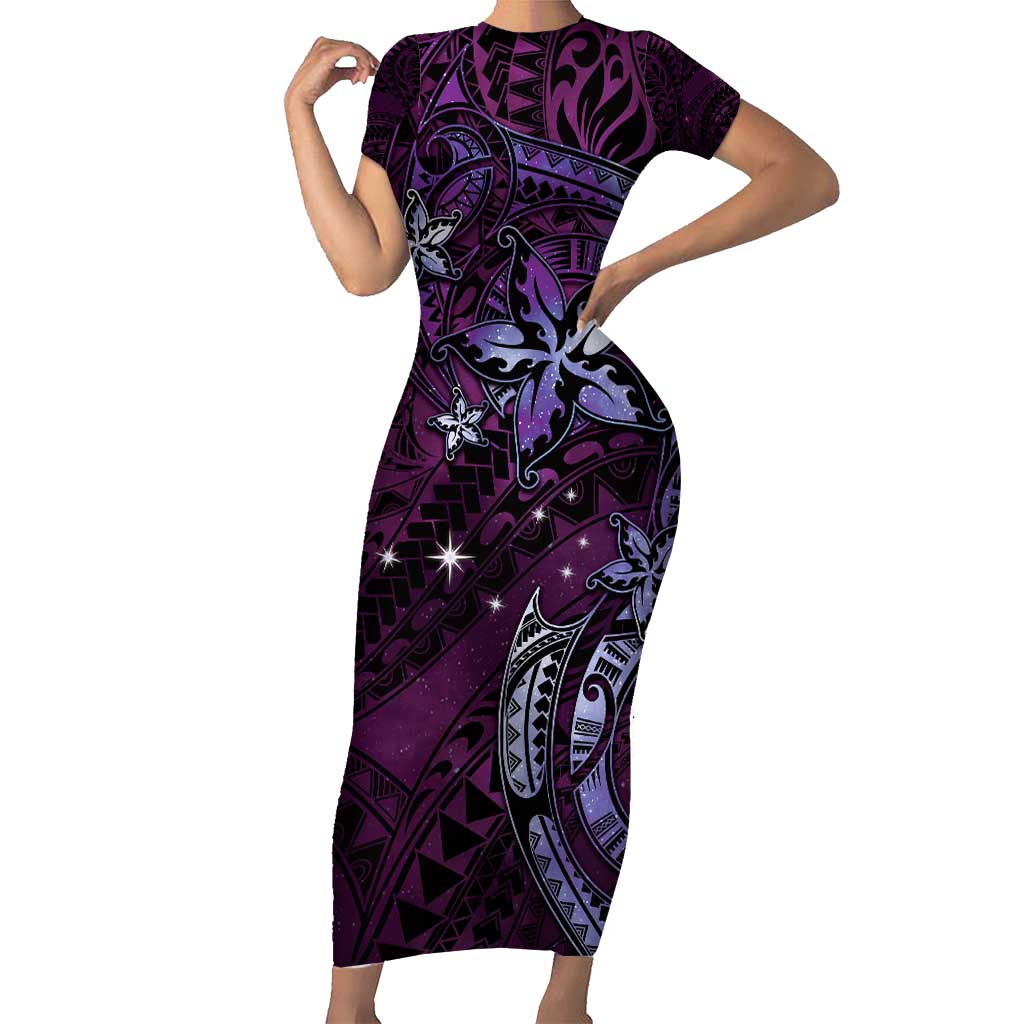 Hawaii Makahiki Season Short Sleeve Bodycon Dress Floral Tribal Tattoo Purple Galaxy