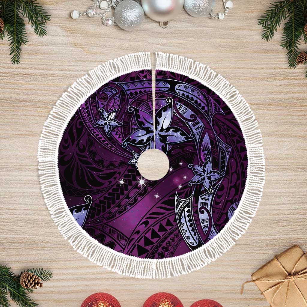 Hawaii Makahiki Season Tree Skirt Floral Tribal Tattoo Purple Galaxy LT05 Fringed Purple - Polynesian Pride