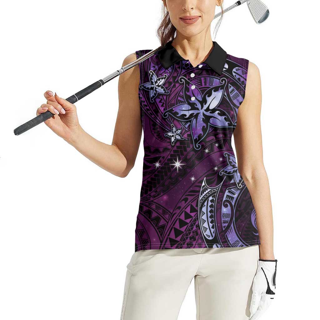 Hawaii Makahiki Season Women Sleeveless Polo Shirt Floral Tribal Tattoo Purple Galaxy LT05 - Polynesian Pride