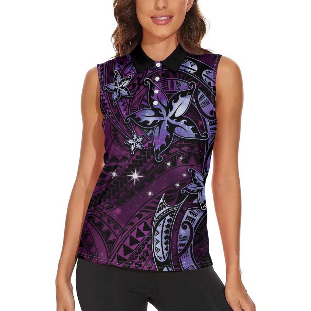 Hawaii Makahiki Season Women Sleeveless Polo Shirt Floral Tribal Tattoo Purple Galaxy LT05 - Polynesian Pride