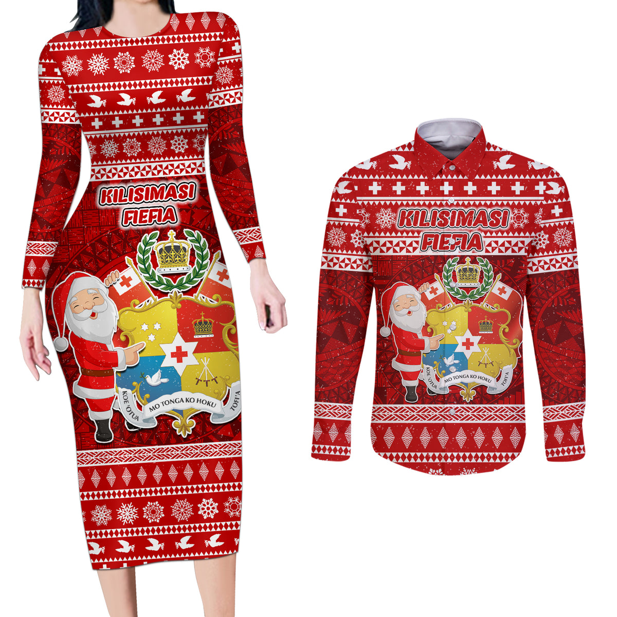 Personalized Tonga Christmas Couples Matching Long Sleeve Bodycon Dress and Long Sleeve Button Shirts Kilisimasi Fiefia Santas Coat Of Arms LT05 Red - Polynesian Pride