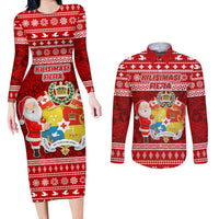 Personalized Tonga Christmas Couples Matching Long Sleeve Bodycon Dress and Long Sleeve Button Shirts Kilisimasi Fiefia Santas Coat Of Arms LT05 Red - Polynesian Pride