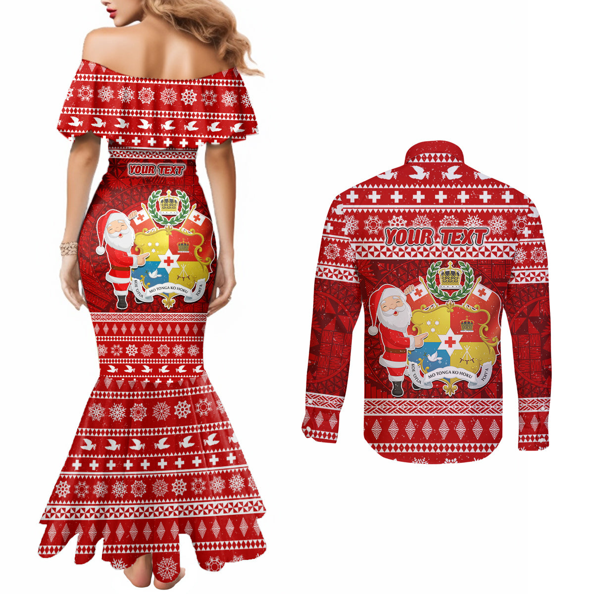 Personalized Tonga Christmas Couples Matching Mermaid Dress and Long Sleeve Button Shirts Kilisimasi Fiefia Santas Coat Of Arms LT05 - Polynesian Pride