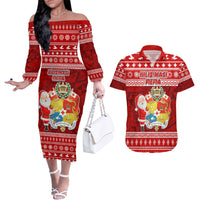 Personalized Tonga Christmas Couples Matching Off The Shoulder Long Sleeve Dress and Hawaiian Shirt Kilisimasi Fiefia Santas Coat Of Arms LT05 Red - Polynesian Pride