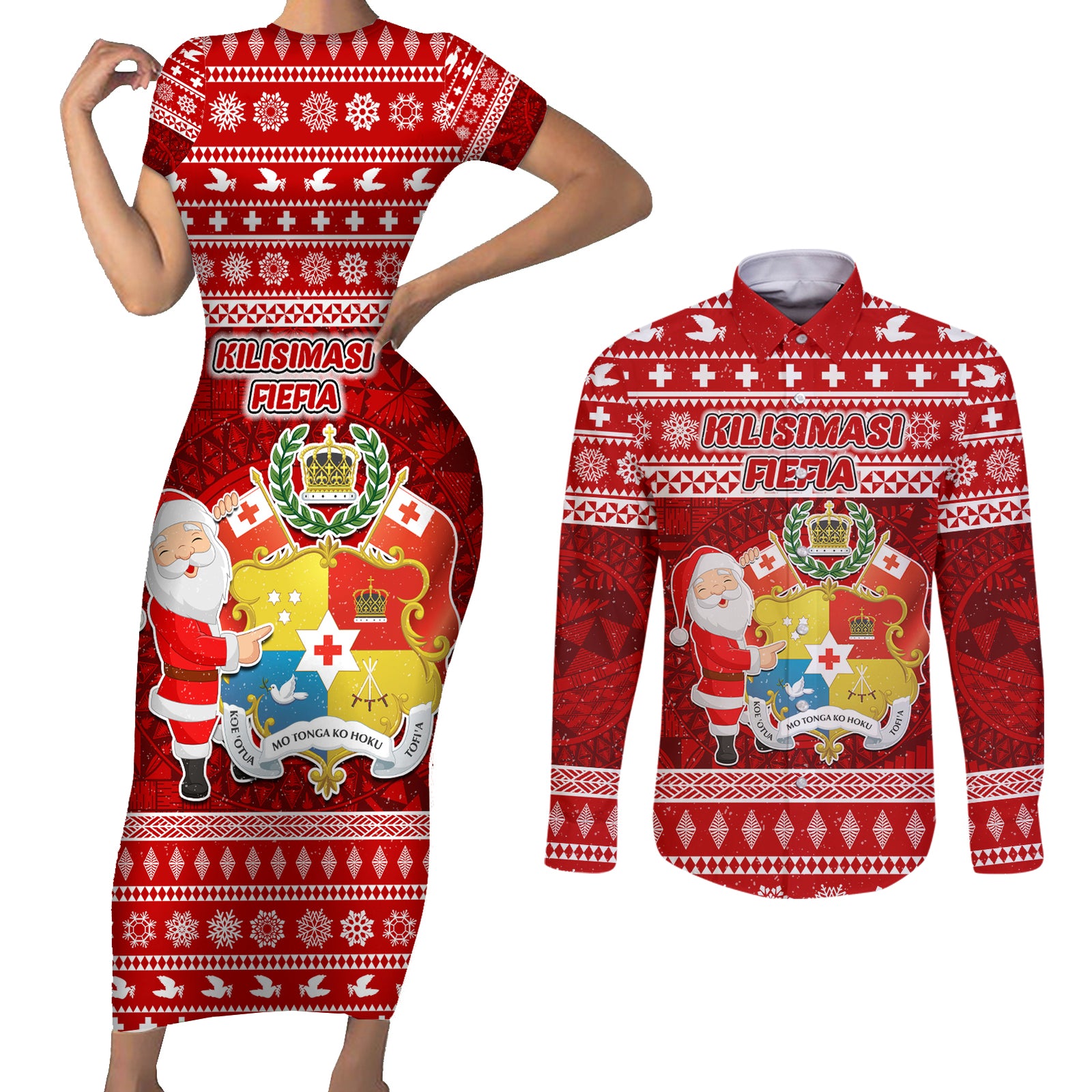 Personalized Tonga Christmas Couples Matching Short Sleeve Bodycon Dress and Long Sleeve Button Shirts Kilisimasi Fiefia Santas Coat Of Arms LT05 Red - Polynesian Pride