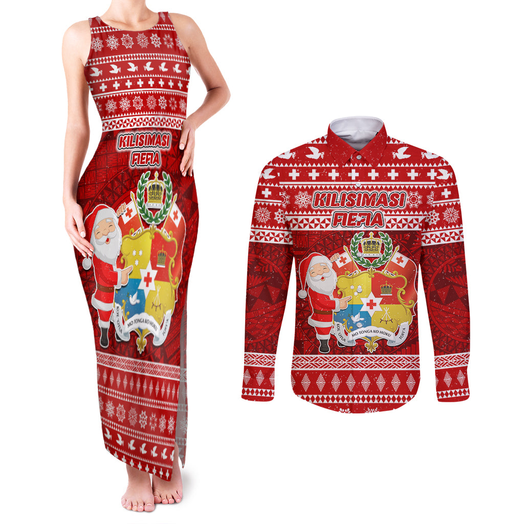 Personalized Tonga Christmas Couples Matching Tank Maxi Dress and Long Sleeve Button Shirts Kilisimasi Fiefia Santas Coat Of Arms LT05 Red - Polynesian Pride
