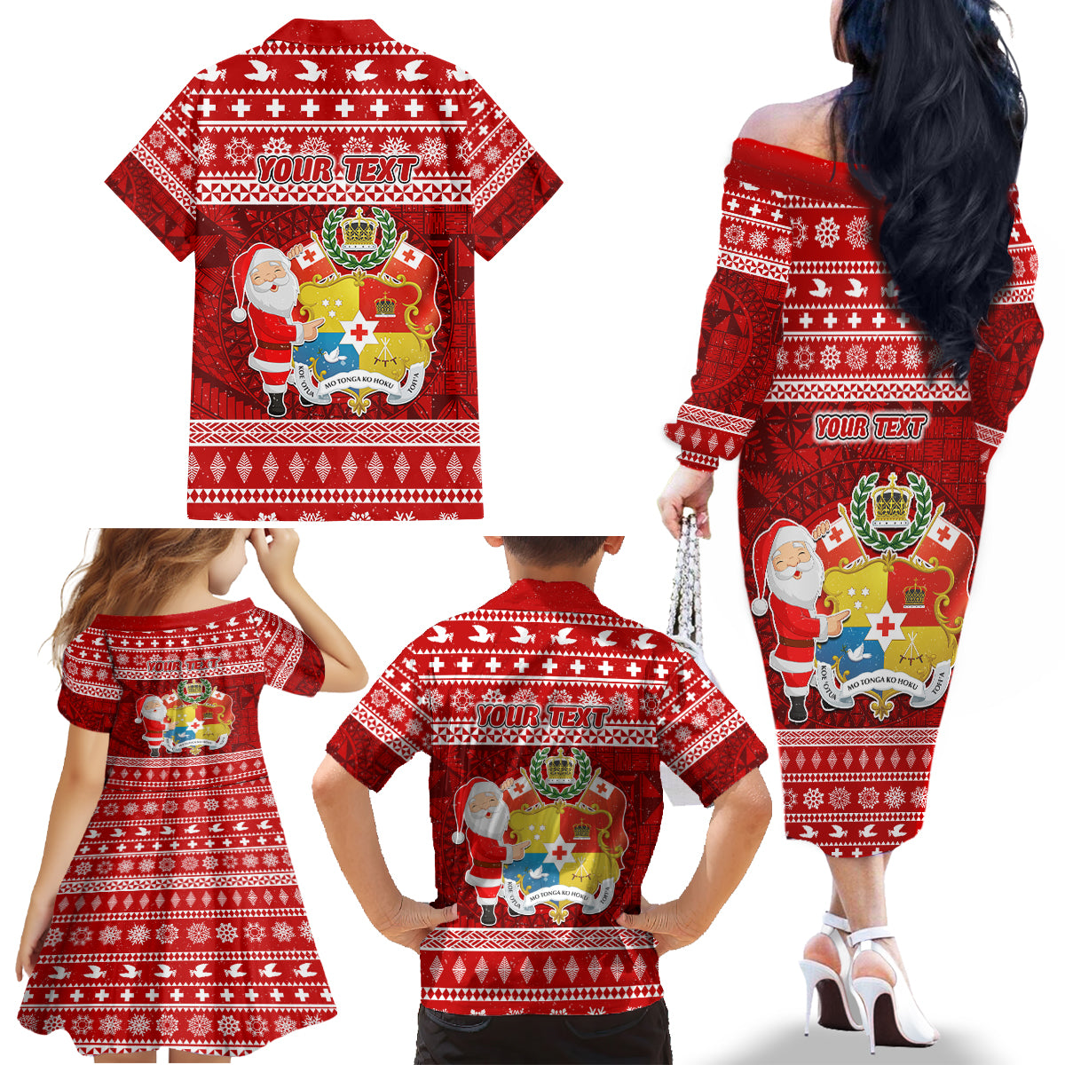 Personalized Tonga Christmas Family Matching Off Shoulder Long Sleeve Dress and Hawaiian Shirt Kilisimasi Fiefia Santas Coat Of Arms LT05 - Polynesian Pride