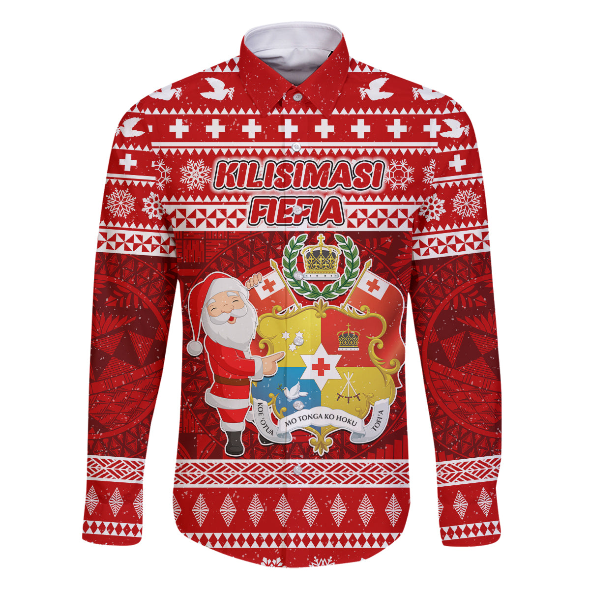Personalized Tonga Christmas Family Matching Puletasi Dress and Hawaiian Shirt Kilisimasi Fiefia Santas Coat Of Arms LT05 Dad's Shirt - Long Sleeve Red - Polynesian Pride