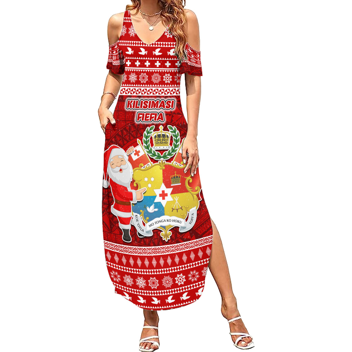 Personalized Tonga Christmas Family Matching Summer Maxi Dress and Hawaiian Shirt Kilisimasi Fiefia Santas Coat Of Arms LT05 Mom's Dress Red - Polynesian Pride
