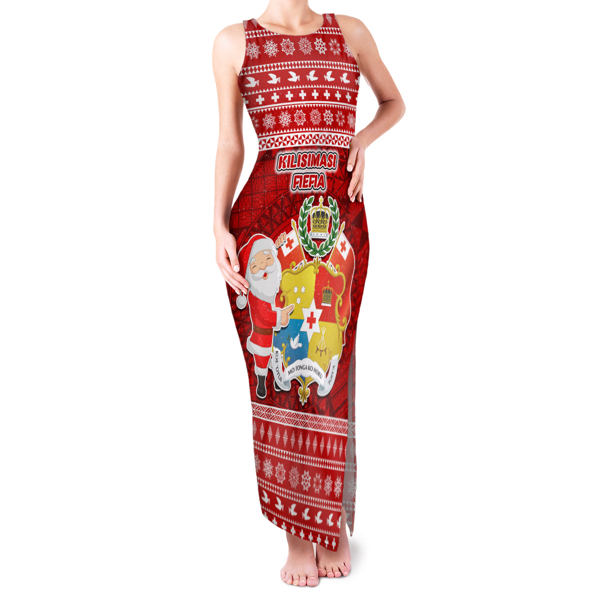Personalized Tonga Christmas Family Matching Tank Maxi Dress and Hawaiian Shirt Kilisimasi Fiefia Santas Coat Of Arms LT05 Mom's Dress Red - Polynesian Pride